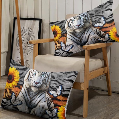 AILONEN Tiger Fitted Sheet Set Queen Size, 3 Pieces White Tiger Fur Printed Bed Sheet Set,Kids Boys Girls Sunflower Tiger Sheet Set,Butterfly Tiger Fitted Sheet with 2 Pillowcases