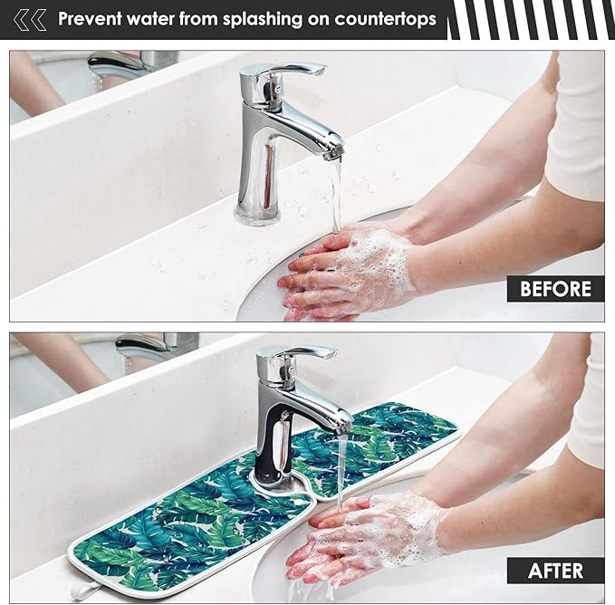 Kitchen Faucet Absorbent Mat,Turquoise Green Palm Leaves Water Splash Guard for Sink, Faucet Drip Catcher Thicken Sponge Microfiber Faucet Water Catcher Mat Sink Absorbent Mat for Kitchen 14x5in 2Pack