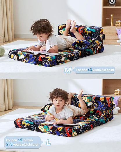 Weighted Idea 2-in-1 Kids Sofa Couch Fold Out for Girls and Boys, Folding Toddler Chairs Comfy Children Couch Baby Recliner, Convertible Sofa to Lounger(Blue Dinosaur, 23.5x18x16 inches)