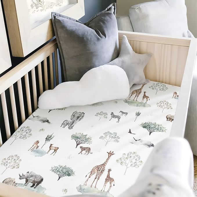 Stretch Ultra Soft Jersey Knit Fitted Pack n Play Sheets Set 2 Pack, Portable/Mini Crib Sheets for Boys and Girls, Pretty African Savannah Animals Pattern
