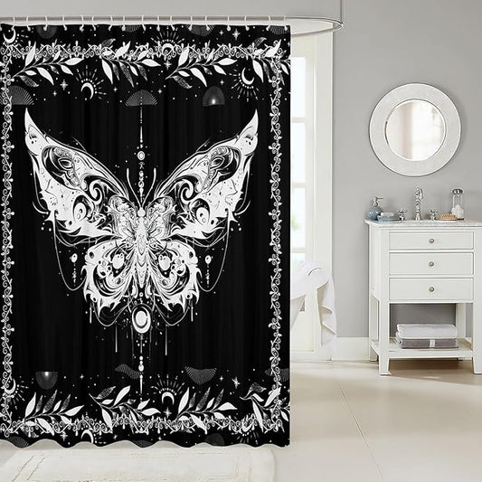 Feelyou Boho Butterfly Fabric Shower Curtain Bohemian Moth Shower Curtain for Kids Boys Girls Moon Galaxy Bathroom Waterproof Accessories with 12 Hooks Black and White Curtains,72X78 Inches