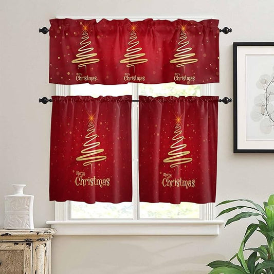 Christmas Tree Kitchen Curtains and Valances Set,Merry Xmas Red Window Treatments Tiers Winter Holiday Decor Semi Sheer Half/Short Curtains for Small Windows Cafe/Living Room/Bedroom 54x 36 in,3-Piece