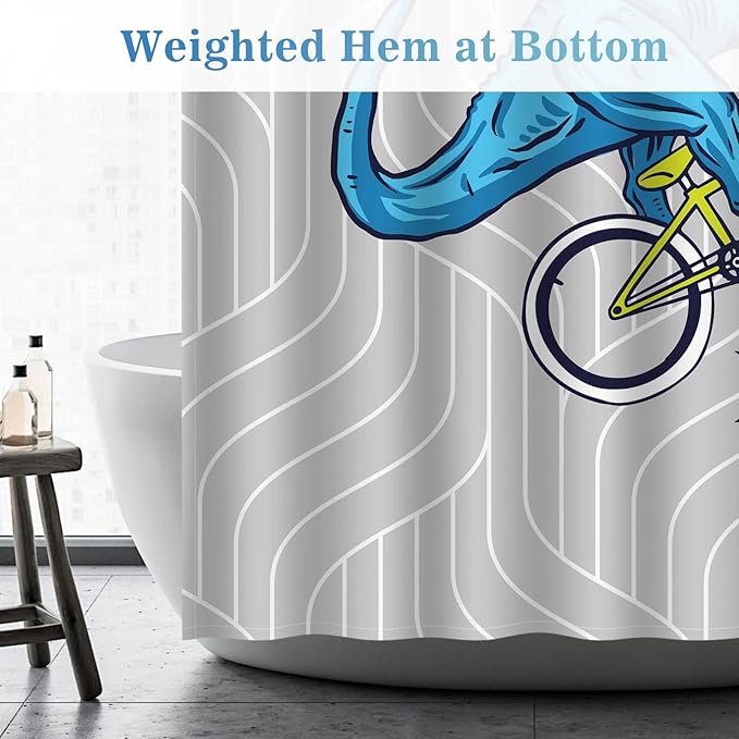 Aimego Long Funny Shower Curtain - Cute Blue Dinosaur Ride A Bike Fun Dino Fabric Cloth Bath Shower Curtain Set with 12 Hooks for Bathroom Decor Accessories Bathtub Curtain, 72"x78"