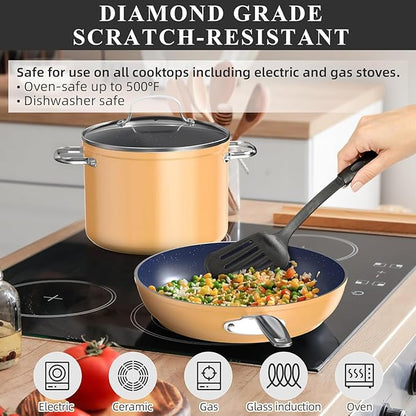 Nuwave Healthy Duralon Blue Ceramic Nonstick Cookware Set, Diamond Infused Scratch-Resistant, PFAS Free, Dishwasher & Oven Safe, Induction Ready & Evenly Heats, Tempered Glass Lids & Stay-Cool Handles