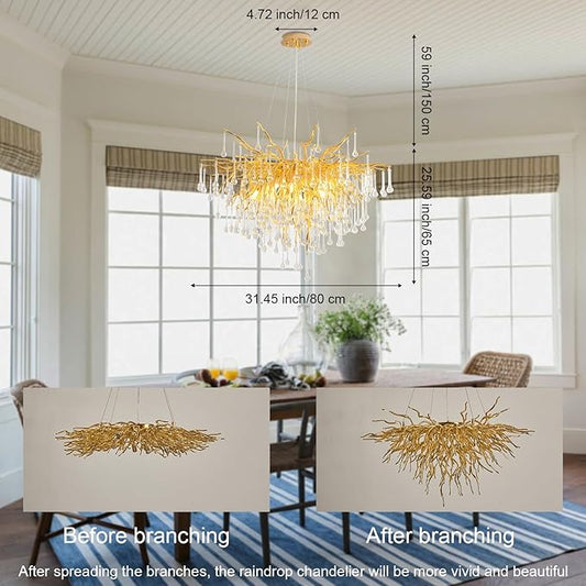 31.5 Inch Modern Crystal Chandeliers,10-Light Gold Tree Branch Chandelier Hanging Light Fixtures,Raindrop Chandeliers for Dining Room,Living Room