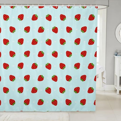 Feelyou Strawberry Fabric Shower Curtain Teal Blue Kawaii Girly Shower Curtain for Kids Boys Girls Kawaii Strawberry Bathroom Waterproof Accessories with 12 Hooks Kawaii Lovely Curtains,72x72 Inches