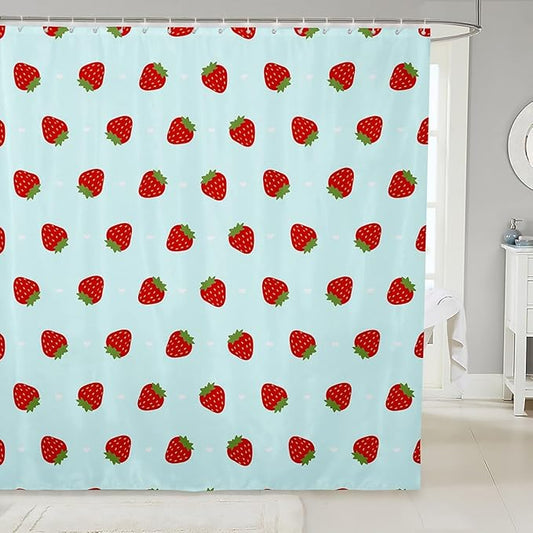 Feelyou Strawberry Fabric Shower Curtain Teal Blue Kawaii Girly Shower Curtain for Kids Boys Girls Kawaii Strawberry Bathroom Waterproof Accessories with 12 Hooks Kawaii Lovely Curtains,72x72 Inches