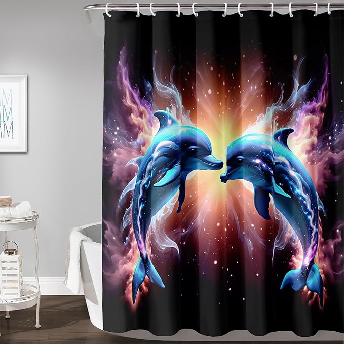 AILONEN 3D Dolphin Shower Curtain for Bathroom, Cute Kawaii Blue Ocean Dolphin Bath Curtain,Fantasy Smoky Print Black Curtain Waterproof with 12 Plastic Hooks for Boys Girls 36" W*72" H