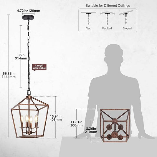 Chandelier for Dining Room, 4-Light Rustic Chandelier Fixtures, Vintage Ceiling Light with Adjustable Height, Antique Bronze Geometric Hanging Light for Bedroom, Foyer, Kitchen, Living Room, Entryway