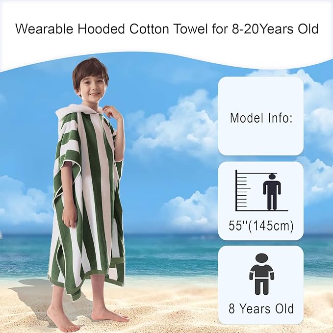 VOOVA & MOVAS Teens Hooded Towel Poncho | Soft, Absorbent Cotton Towel Robe | 8-16Years | Versatile for Pool, Swim,Beach and Bathroom | Hunter Green Cabana Stripe