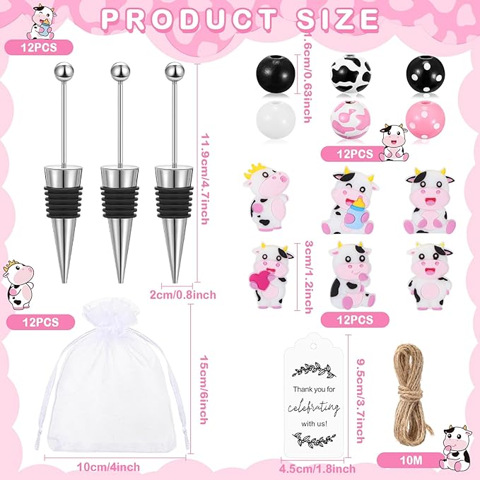 Gisafai 12 Set Cow Beadable Wine Stoppers Thank You Wedding Favors for Guests Decorative Beaded Wine Bottle Stopper with Cow Beads Organza Bag Tag for Wedding Cow Party Favor Baby Shower Gifts