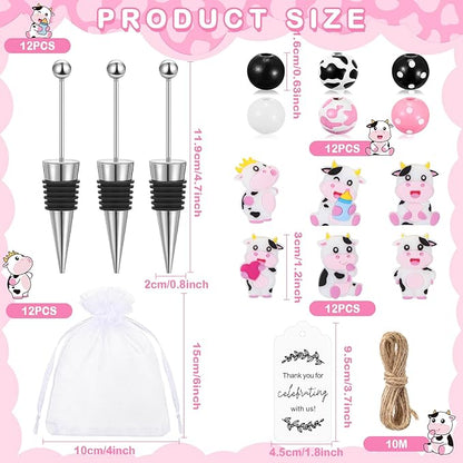 Gisafai 12 Set Cow Beadable Wine Stoppers Thank You Wedding Favors for Guests Decorative Beaded Wine Bottle Stopper with Cow Beads Organza Bag Tag for Wedding Cow Party Favor Baby Shower Gifts