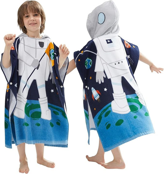 Kids Hooded Towel Bath Beach Soft Cotton Towels Boys Absorbent Pool Wrap with Hood Baby Toddler Poncho Robe(Astronaut,5-9Years/Height:43"-51")