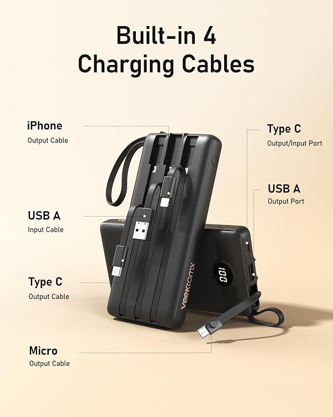 VEEKTOMX Portable Charger with Built-in Cables, 10000mAh Power Bank for iPhone, Slim Fast Charge USB C Battery Pack, Travel Essentials Powerbank Compatible with iPhone 15/14/13, Samsung, Android, etc