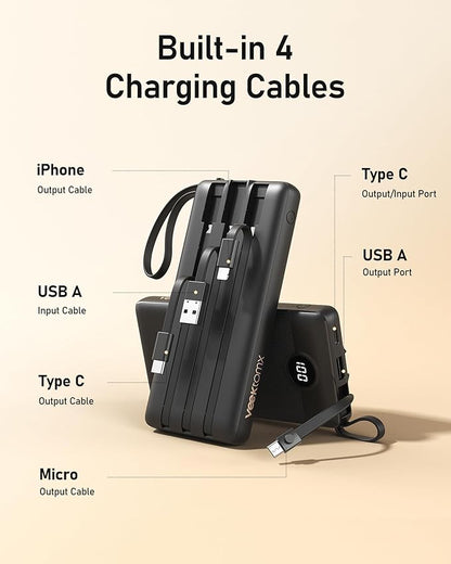 VEEKTOMX Portable Charger with Built-in Cables, 10000mAh Power Bank for iPhone, Slim Fast Charge USB C Battery Pack, Travel Essentials Powerbank Compatible with iPhone 15/14/13, Samsung, Android, etc