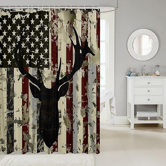 Feelyou Deer Bath Curtain Cute Deer Shower Curtain American Flag Bathroom Shower Curtain Set for Kids Boys Girls Deer Hunting Kids Bathroom Accessories 72"x72"