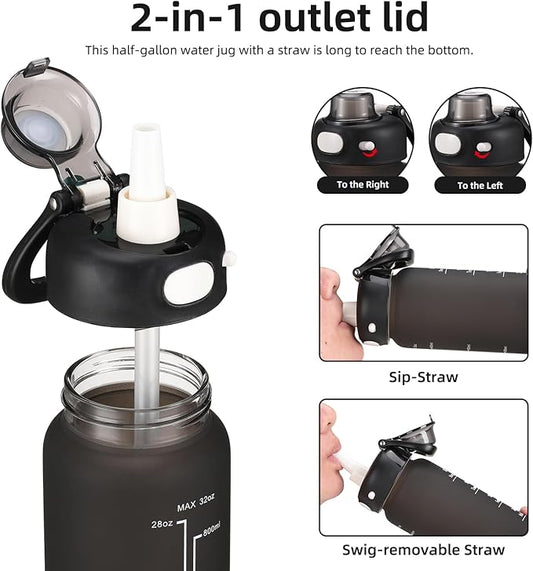 SIEROZUR 32 oz Glass Water Bottle with Straw and Handle Large Sports Motivational Water Bottle with Locking Lid and Time Marker Leakproof Water Jug for Daily Hydration Intake BPA Free