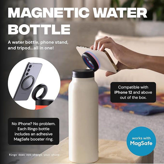 Ringo Insulated Water Bottle - Compatible MagSafe Water Bottle w/Phone Holder -Stainless Steel School Water Bottle w/Magnetic Phone Mount for Kids & Adult - Hot 12H, Cold 24H 360° Rotate -Ivory 32oz