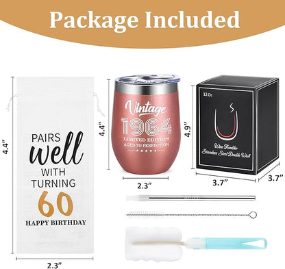 Lifecapido 60th Birthday Gifts for Women, Vintage 1964 Limited Edition Insulated Wine Tumbler with Wine Bag, 60 Year Old 60th Birthday Presents Christmas Gifts for Mom Grandma Wine Lover, 12 oz