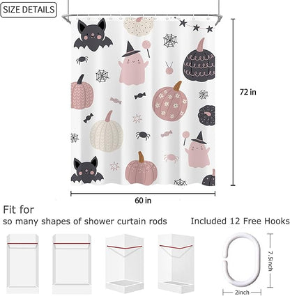 Cute Halloween Shower Curtain 60"X72" Ghost Pumpkin Spooky Funny Girls Shower Curtain Set for Bathroom Kids Cartoon Lovely Waterproof Bathtub Curtain Decor Bat Bathroom Curtain with 12 Hooks