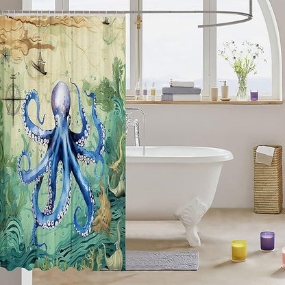 Feelyou Octopus Print Shower Curtain 72"x84" Kids Sailboat Printed Bathroom Shower Curtain Set for Boys Girls Teens Ocean Themed Bath Curtain Marine Life Sealife Bathroom Accessories