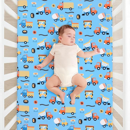 JISEN Baby Crib Sheets Soft Breathable Fitted Crib Sheets Baby Sheet for Standard Crib and Toddler Mattress Baby Bed Sheets for Crib for Baby Boys Girls Neutral 52x28 Inch Blue Trucks