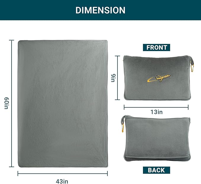 Travel Blanket Pillow- Premium Soft 300 GSM Thick 3 in 1 Airplane Blanket for Long Trips Essentials with Bag Pillowcase, Hand Luggage Sleeve and Backpack Clip (Grey)