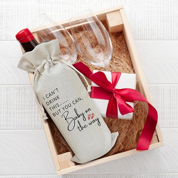 Baby Announcement Wine Bag, Pregnancy Announcement Gifts for Women Aunt Friends New Couples, Party Favor Wine Champagne Gift Bag With Drawstring -06