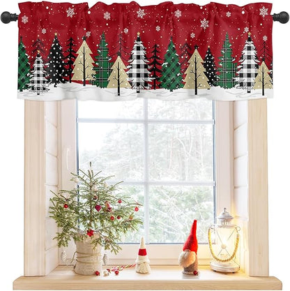 Red Merry Christmas Valance Curtains for Kitchen Windows Green Christmas Tree Rod Pocket Window Treatment Toppers for Kitchen/Living Room/Bedroom/Bathroom, 60" X 18", White Snow Forest Winter