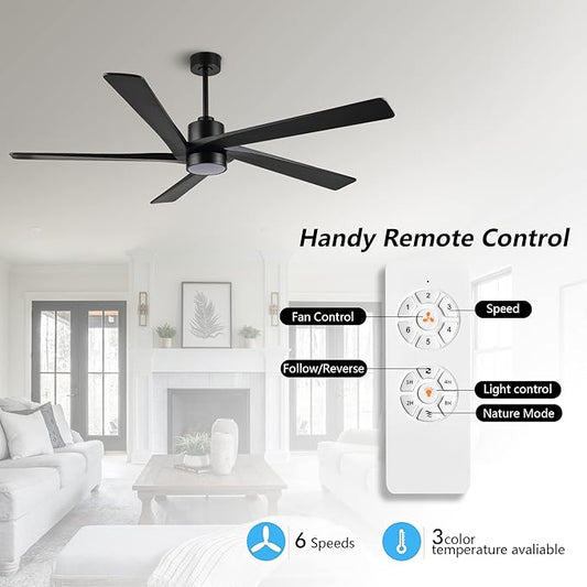 WINGBO 54" DC Ceiling Fan with Lights, 5 Carved Solid Wood Blades, 6-Speed Reversible DC Motor, Matte Black Finish Ceiling Fan with Remote, Black