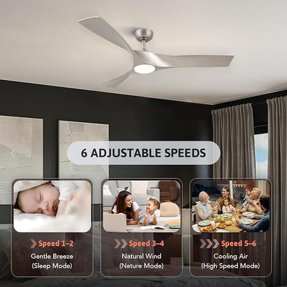 VONLUCE Ceiling Fans with Lights, 52 inch Ceiling Fan with Remote, 3 Blades, Noiseless 6-Speed Reversible DC Motor, Modern Ceiling Fan for Farmhouse Patio Bedroom Living Room, Nickel with Light
