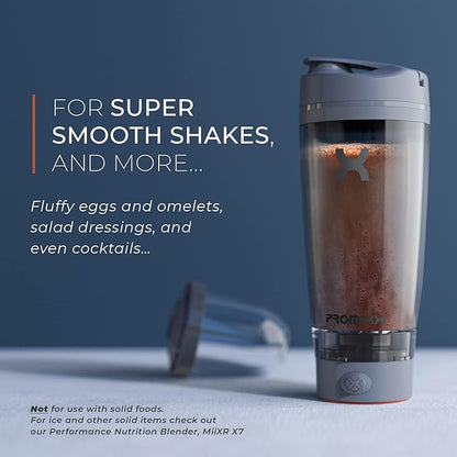 Promixx Pro Shaker Bottle | Rechargeable, Powerful for Smooth Protein Shakes | includes Supplement Storage - BPA Free | 20oz Cup (Silver White/Gray)
