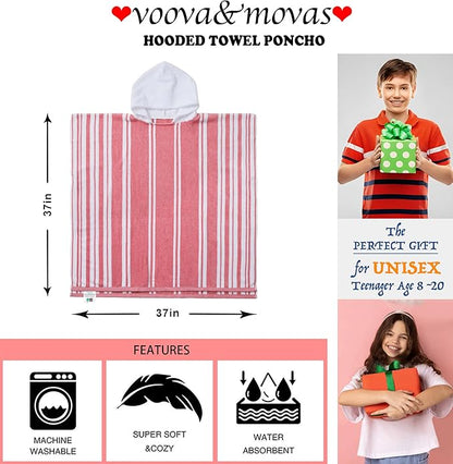 VOOVA & MOVAS Big Girl | Teens Towels with Hood (8-16Years), Large Thick and Absorbent Cotton Hooded Pool Towel Robe- Versatile for Pool, Swim, and Bath, Pink and White Cabana Striped