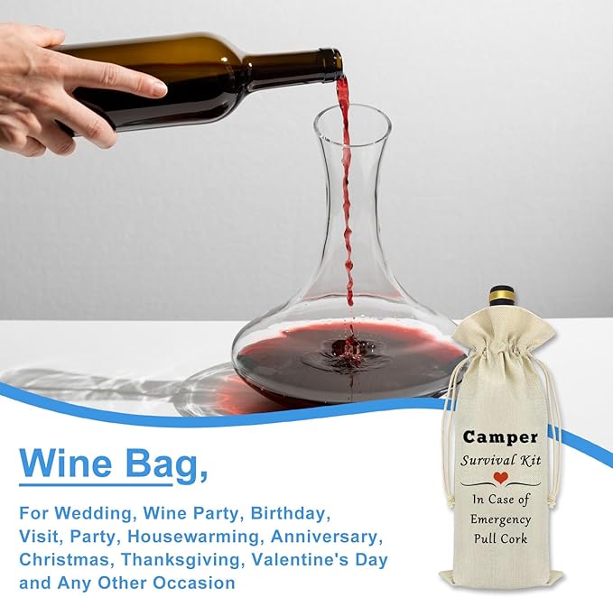 Camper Wine Bag Camping Gift for Camper Funny Camping Wine Bag Gifts Camper Gifts for Men Women Camper Accessories for Travel Trailers Birthday Christmas Graduation Gift Burlap Wine Bottle Cover Bag