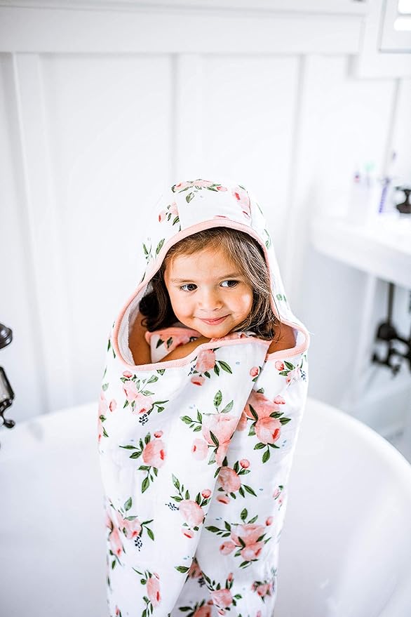 Little Unicorn Cotton Muslin & Terry Hooded Towel, Larger Size 1-6 Years (Watercolor Roses)