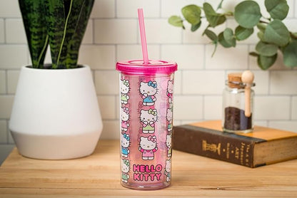 Silver Buffalo Sanrio Hello Kitty Expressions Poses Plastic Cold Cup with Lid and Straw, 20 Ounces