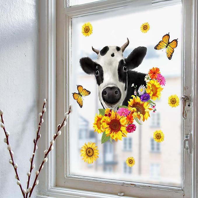 Farm Animal Wall Decals Funny Cow Sunflower Butterfly Wall Sticker Window Clings Peel and Stick Removable Self-Adhesive Wall Art Mural Bedroom Classroom Living Room Window Glass Decoration