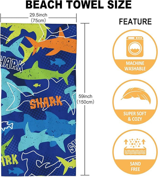 Microfiber Beach Towel, Colorful Sharks Beach Towels for Women Men, Extra Large 29.5” X 59”, Quick Drying Lightweight Sand Free Bath Swim Towel