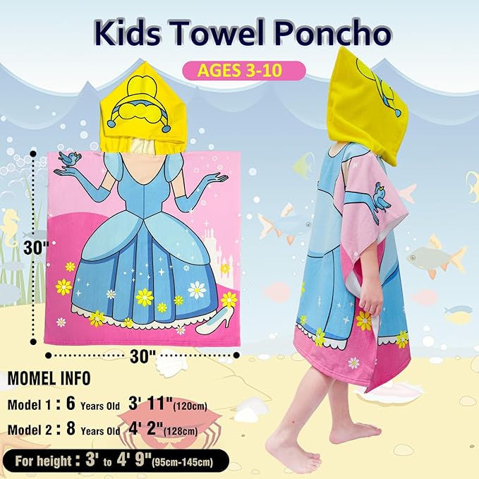 Hooded Kids Beach Towels - Toddler Bath Towel Girls Boys Swim Cover-ups for Ages 4 to 10 Kids Pool Towels Quick Dry Lightweight Soft Microfiber Poncho 30x30 (Princess Dress Blue)