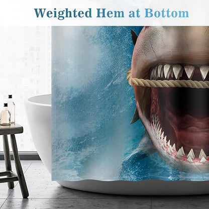 Aimego Long Funny Shower Curtain - Cute Cool Cat Riding Shark Ocean Wave Fun Fabric Cloth Shower Curtain Set with 12 Hooks for Adults Kids Bathroom Decor Accessories Bathtub Curtain, 72"x78"