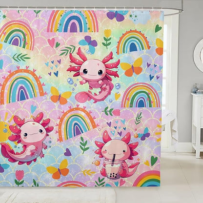 Feelyou Cute Axolotl Bathroom Waterproof Accessories with 12 Hooks Cartoon Salamander Shower Curtain for Kids Boys Girls Rainbow and Butterflies Fabric Shower Curtain Ombre Curtains,72X78 Inches