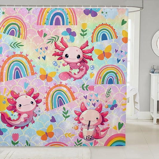 Feelyou Cute Axolotl Bathroom Waterproof Accessories with 12 Hooks Cartoon Salamander Shower Curtain for Kids Boys Girls Rainbow and Butterflies Fabric Shower Curtain Ombre Curtains,72X78 Inches