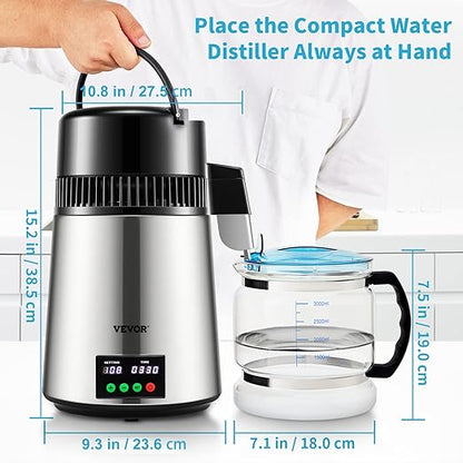 VEVOR 1.1 Gal Water Distiller, 0.3 Gal/H, Distilled Water Maker Machine, 750W, 304 Stainless Steel Countertop Distiller, Glass Carafe, Cleaning Powder, Carbon Packs, Silver