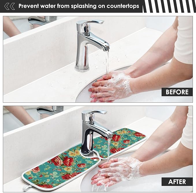 Kitchen Faucet Absorbent Mat, Water Splash Guard for Sink, Faucet Drip Catcher Thicken Sponge Microfiber Faucet Water Catcher Mat Sink Absorbent Mat for Kitchen 14x5in 2 Pack