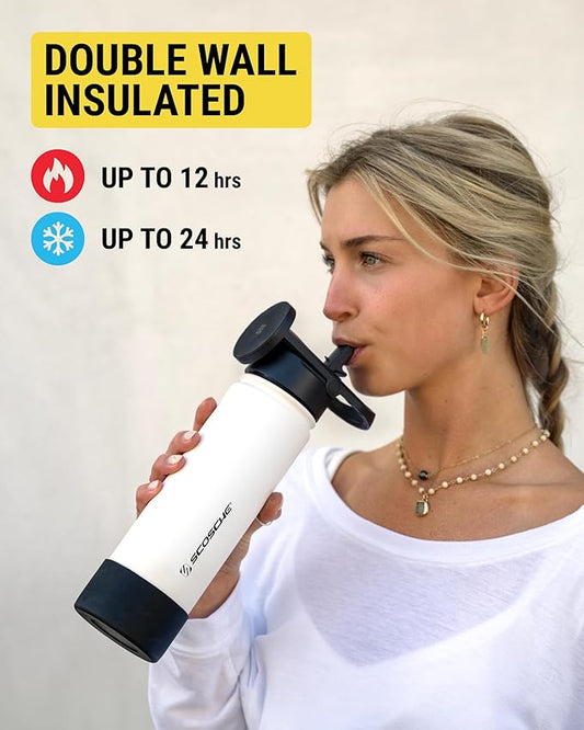 Scosche MFMS22 MagicMount Flask 22oz Stainless Steel Hot & Cold Insulated Sport Water Bottle w/Magnetic Mount Tripod Phone Stand Compatible w/MagSafe iPhone for Cup Holder/Gym/Men/Women/Travel/Black