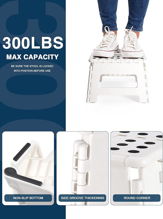 Folding Step Stool 9", Kids Step Stool, Heavy Duty Step Stools for Adults, Compact Foot Stools, Light-Weight Toddler Step Stool for Kitchen, Bathroom, Holds Up to 300 lbs (White)