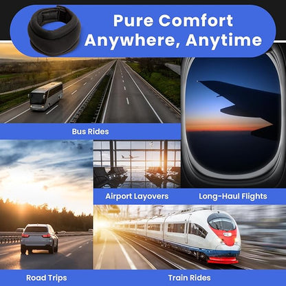 Patented Travel Neck Pillow - Premium Soft Neck Support & Comfort for Sleeping on Airplanes & Cars- Memory Foam Shoulder & Neck Roll - Long Flight International Airplane Travel Pillow (Black)