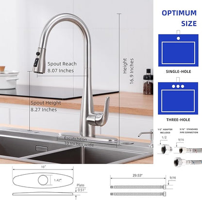 Kitchen Faucet with Soap Dispenser and Pull Down Sprayer - Stainless Steel Single Handle Kitchen Sink Faucet, 1 or 3 Hole Design for Modern Farmhouse Kitchens, Rv, and Bar Sinks(Brushed Nickel)