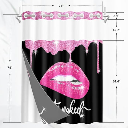 Pink Lips No Hook Shower Curtain with Snap in Liner, Diamond Glitter Get Naked Black Bath Curtain with Double Layers Waterproof Fabric and Mesh Top Window 71x74 Inch
