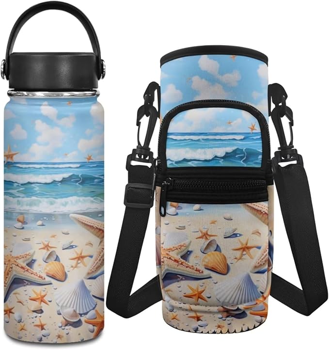 Starfish 18 OZ Water Bottle for Kids 8-10/10-12 Vacuum Bottle 2 Pcs Water Bottle Holder Carrier Sling Water Bottle Pouch Sleeve with Strap